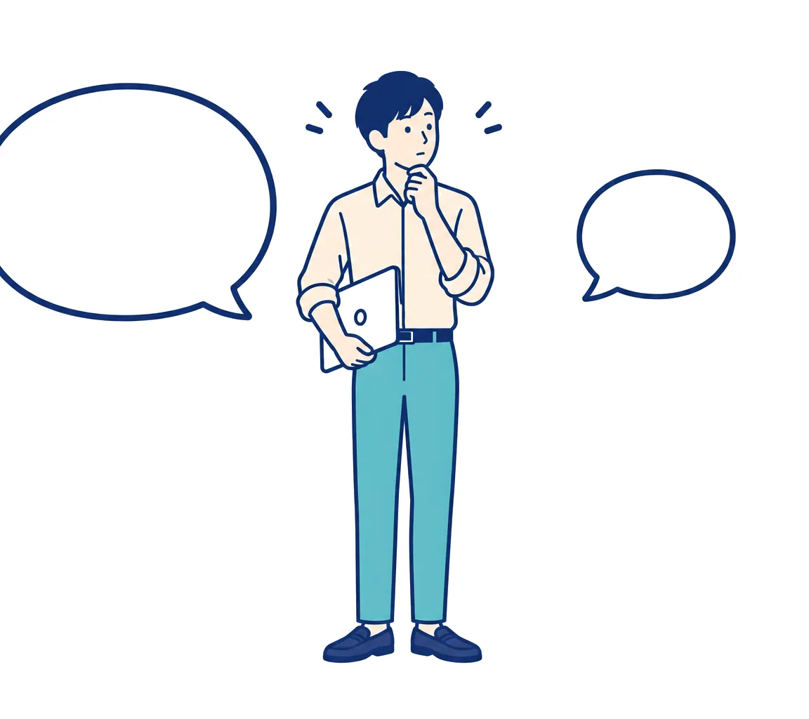 大きな吹き出しと小さな吹き出しを前に、どちらで受けるか考える担当者