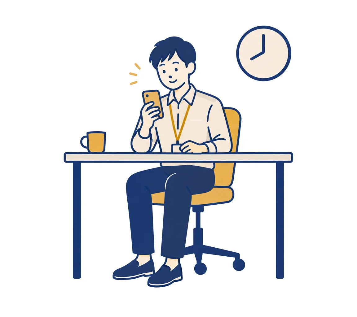 定時を過ぎたオフィスで、スマホに届いた答えを見てほっとする社員