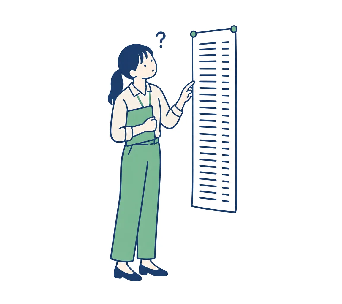 壁に貼られた部署ごとの担当表を見て、首をかしげる社員